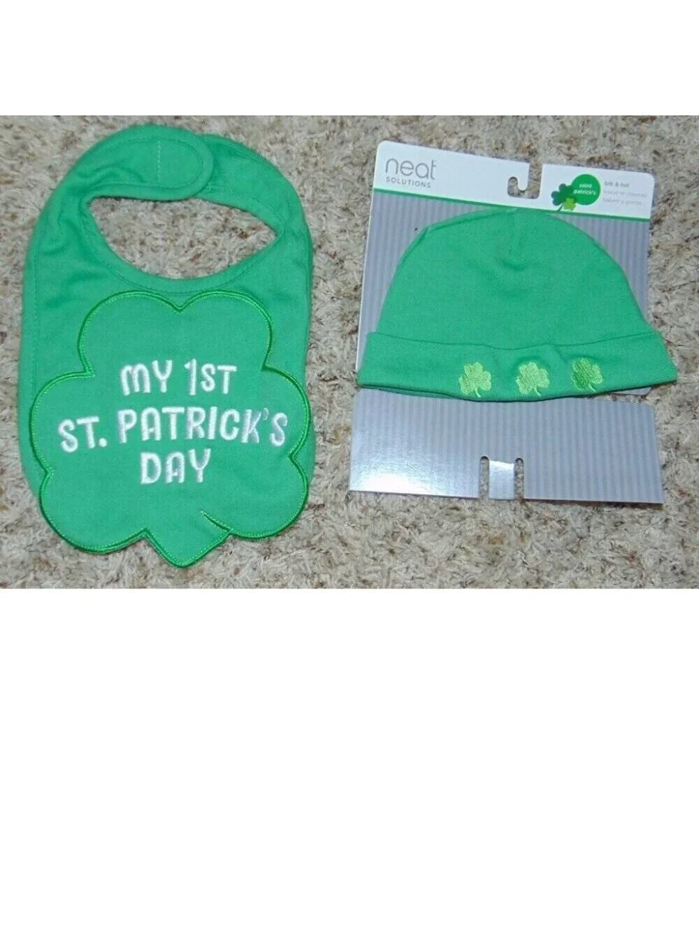 Neat My First St. Patricks Day Baby Bib & Hat Green & White 2 Piece Set